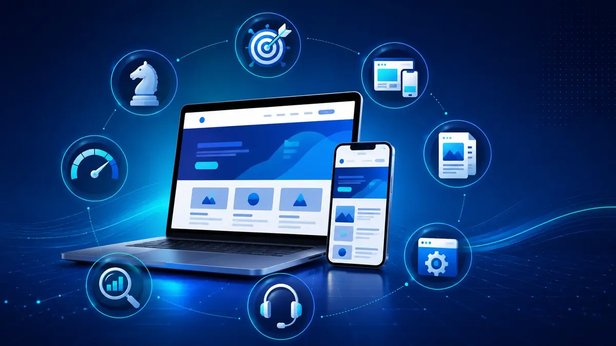 Web sitesi tasarımı, mobil uyumluluk, hız ve SEO unsurlarını gösteren dijital illüstrasyon